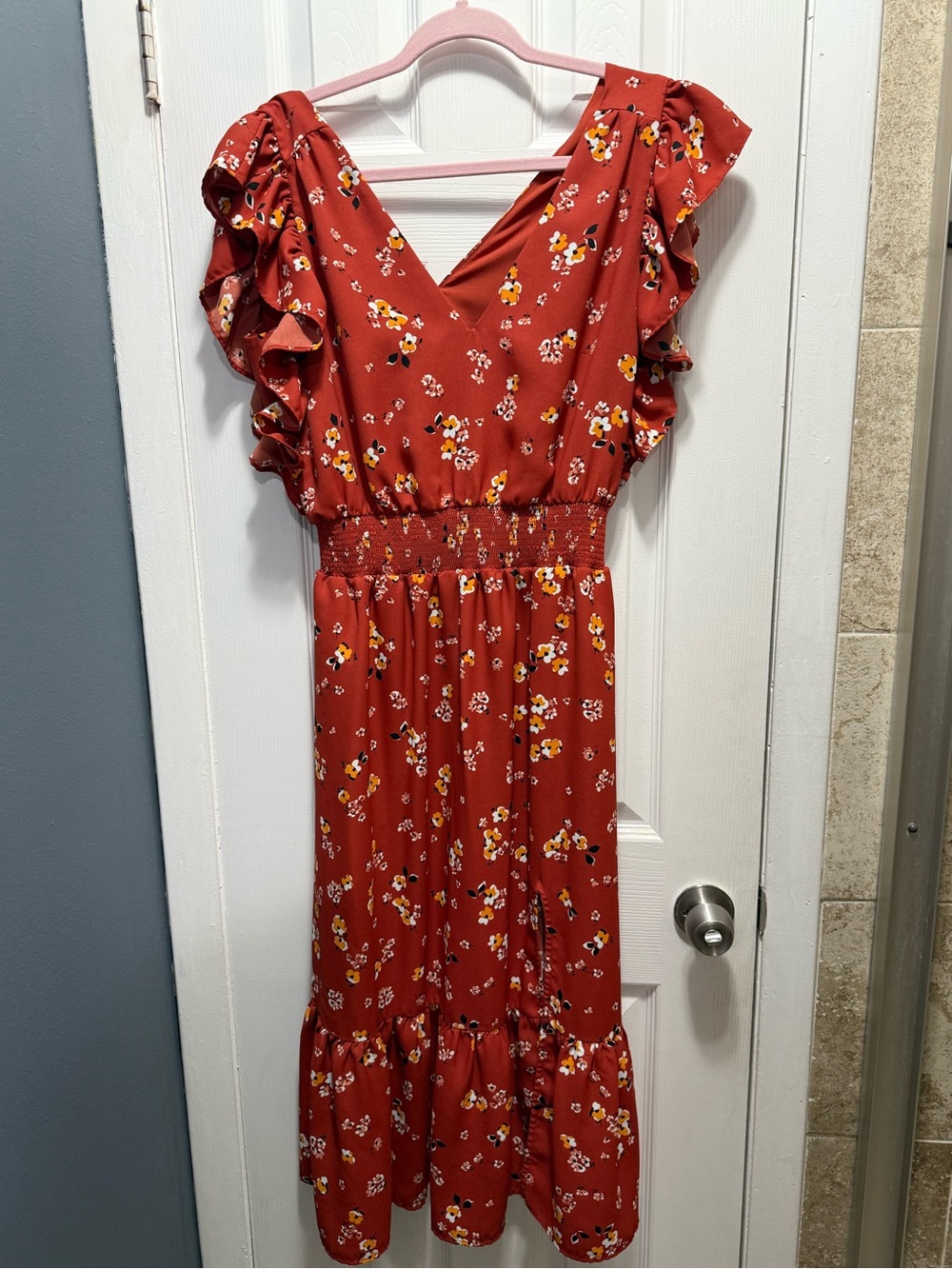 Express Rust Floral Ruffle Midi Dress